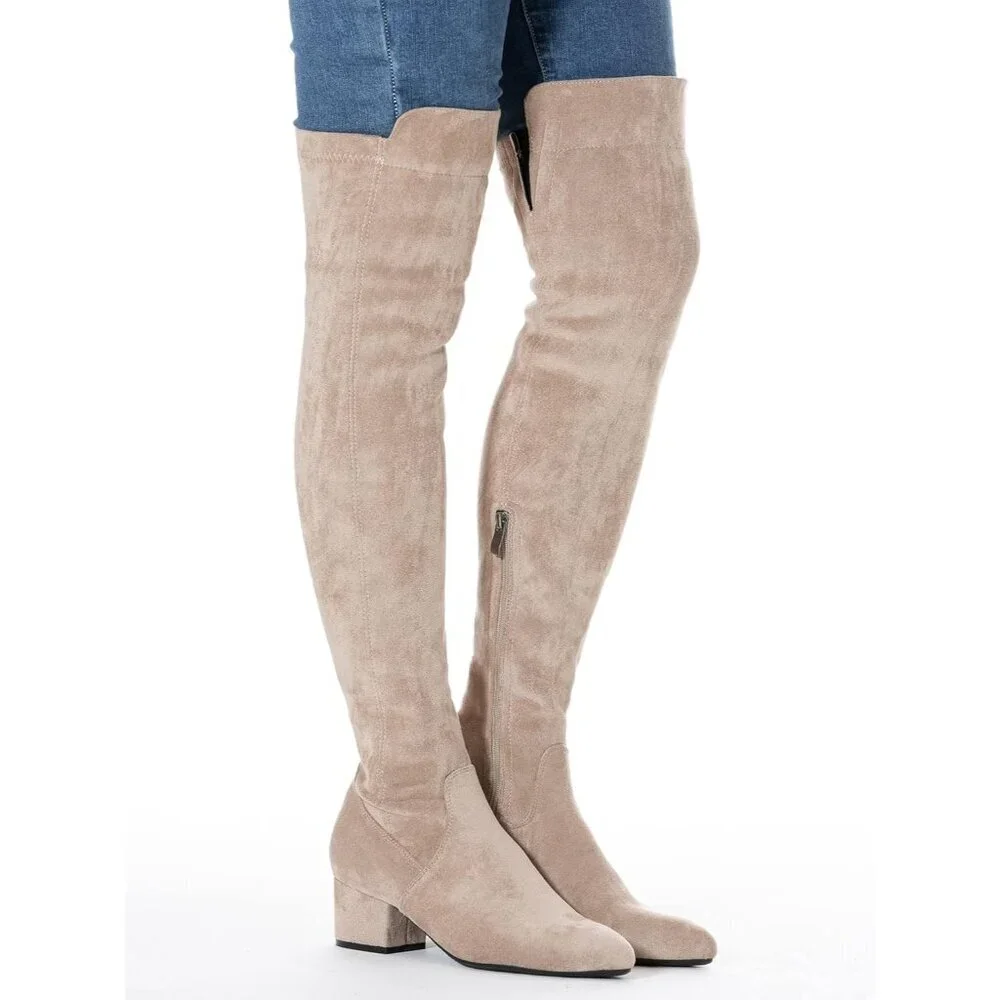 Women Cream/2 Inch Heel Faux Suede Over The Knee Thigh High Low Block Heel Boot